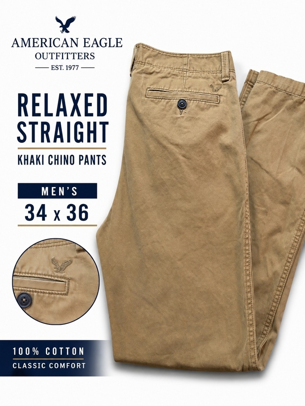 American Eagle Outfitters Relaxed Straight Khaki Chino Pants 34x36 Tan Cotton